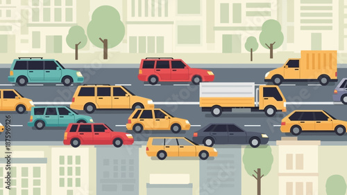 Busy City Street with Cars and Trucks Moving in Traffic