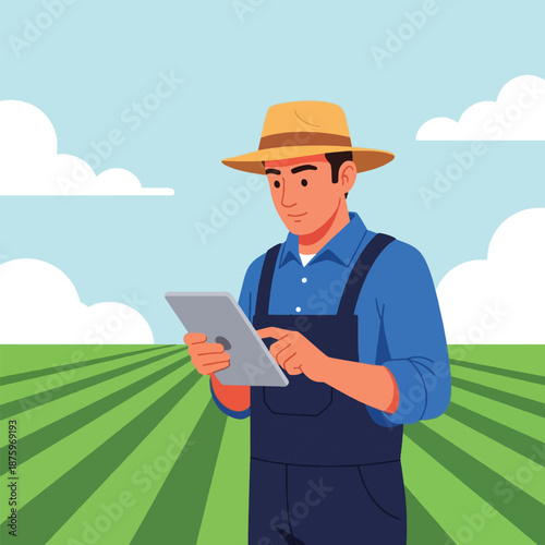 Man in overalls using digital tablet.