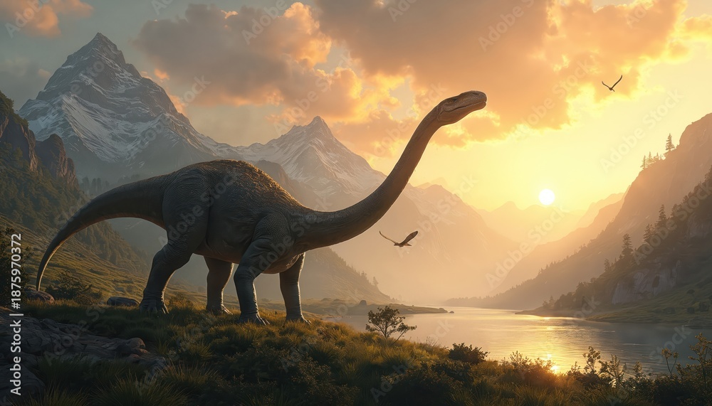 Fototapeta Giant long neck dinosaur walks on grassy hill near lake mountains. Birds fly in warm sunset sky over prehistoric landscape. Ancient wild nature scene.