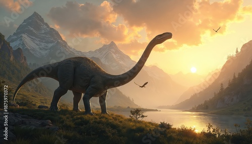 Giant long neck dinosaur walks on grassy hill near lake mountains. Birds fly in warm sunset sky over prehistoric landscape. Ancient wild nature scene.