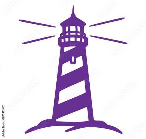 Purple lighthouse with light beams on isolated white background