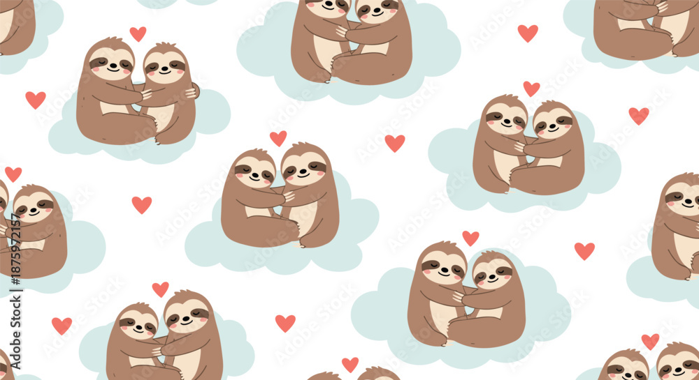 Fototapeta premium Adorable seamless pattern with cute sloth couples hugging on fluffy clouds surrounded by little red hearts for Valentine's Day.