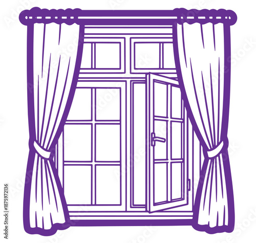 Purple line drawing of a window with open door and tied curtains  home interior