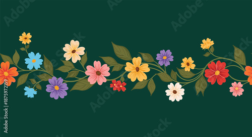 Beautiful seamless floral border with a vine of colorful stylized flowers and green leaves on a dark hunter green background.