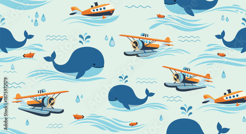 Playful seamless marine pattern with cartoon whales, seaplanes, and boats navigating blue waves on a light green background.