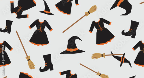 Fun seamless Halloween pattern featuring witch costumes, pointy hats, boots, and broomsticks scattered on a white background.