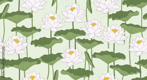 Elegant seamless pattern with beautiful white lotus flowers and large green lily pads on a soft light green background.