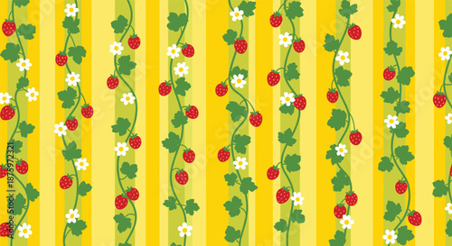 Charming vertical seamless pattern of climbing strawberry vines with ripe red berries, white flowers, and green leaves on a striped yellow background.