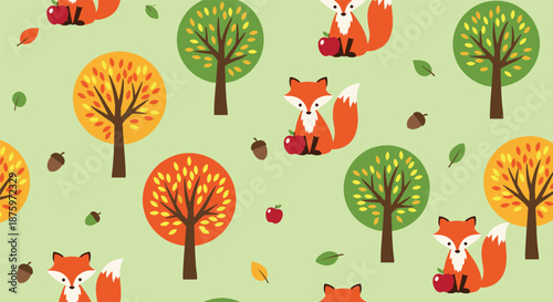 Adorable autumn seamless pattern with cute cartoon foxes holding apples next to colorful trees, acorns, and leaves on a light green background.