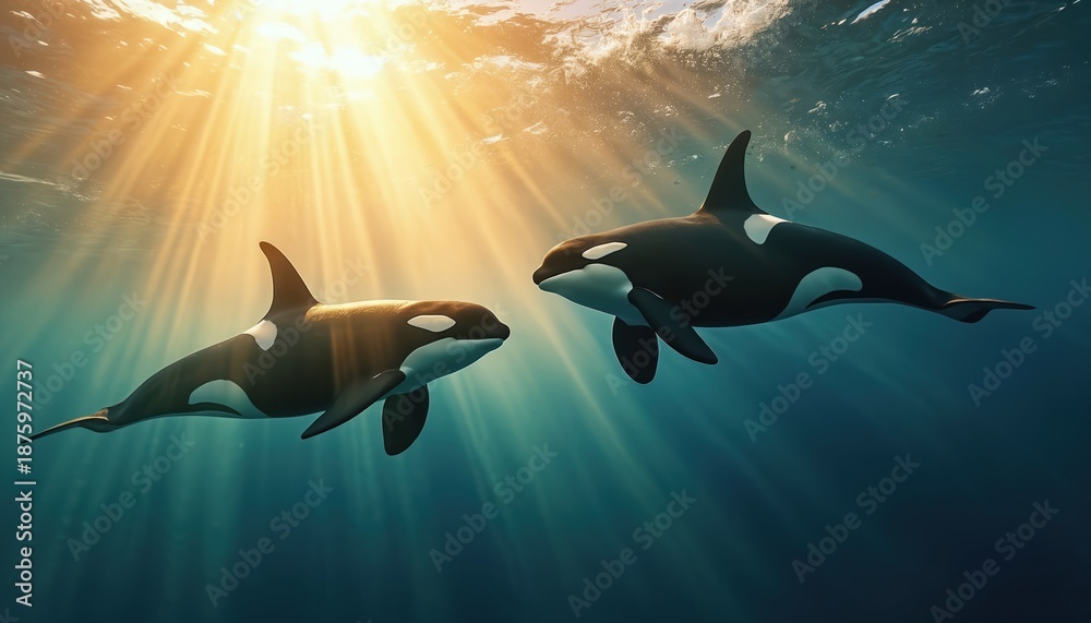 Fototapeta premium Two killer whales swim underwater near the surface. Sun rays penetrate deep blue water creating beautiful light patterns. Marine mammals explore ocean depths together in their natural habitat.