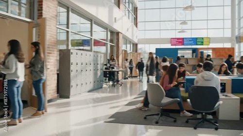 High School Students in Modern School Hallway