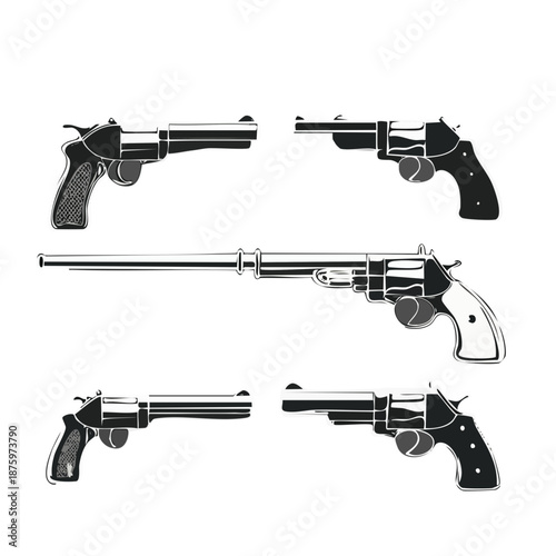 Five handguns illustrated in various profiles on a white background