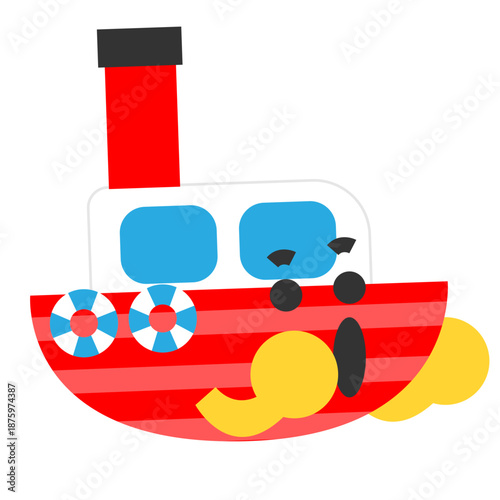 煙突のあるかわいい船のキャラクターイラスト