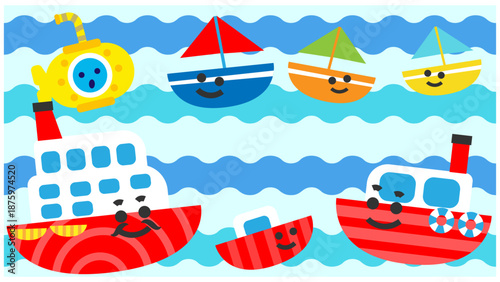 海に浮かぶ かわいい船と潜水艦の乗り物イラスト背景