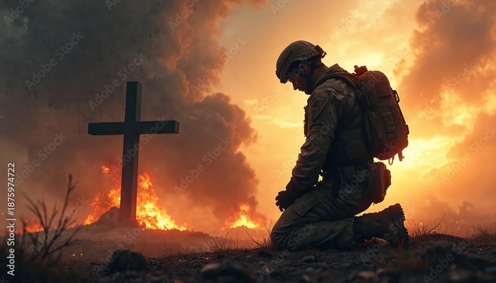 Fototapeta premium Soldier kneels in prayer beside a cross. Flames and smoke fill the sky behind him. He wears a helmet and backpack, his head bowed in devotion. This image represents faith and war.