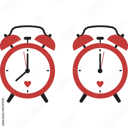 Red Alarm Clocks with Heart Symbols Showing 9 and 12 O Clock - Ideal for Time, Love, and Reminder Concepts