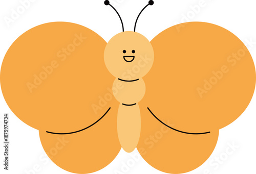 Cute yellow butterfly with open wings. Top view insect character vector illustration.