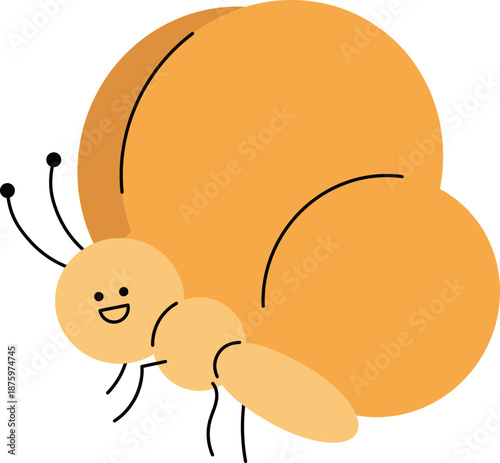 view of cute yellow butterfly. Sitting insect character vector illustration.