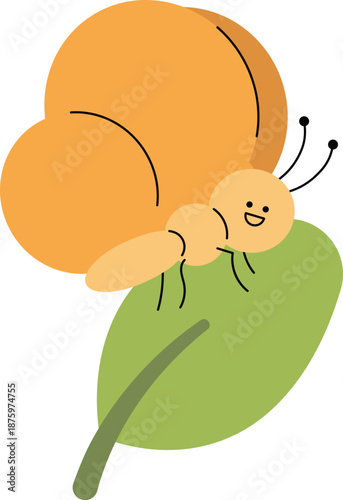 Yellow butterfly sitting on a green sprout plant. Spring nature concept vector illustration.