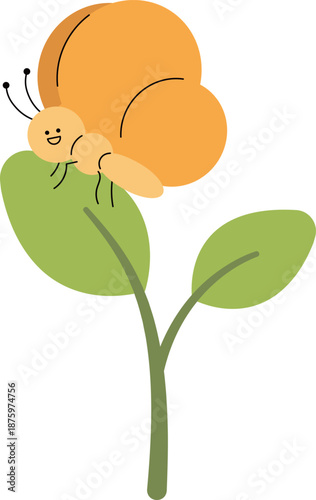 Cute butterfly resting on a green leaf. Nature and insect character vector illustration.
