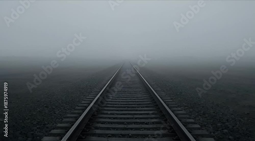 A foggy railroad track disappearing into the distance on a gloomy day
