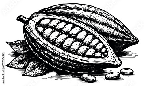 Hand drawn line art illustration of a cocoa pod depicting ripe fruit with beans for chocolate production