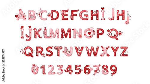 Alphabet and numbers with heart motifs and decorative elements, perfect for Valentine's Day, love letters, and festive greetings with a romantic touch