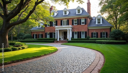 Spacious brick residence with winding cobblestone drive, manicured green lawn. Tall mature trees surround elegant suburban property creating serene atmosphere. Well kept landscaping enhances curb