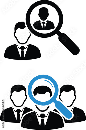 Black and blue magnifying glass examining a person among three business people white background