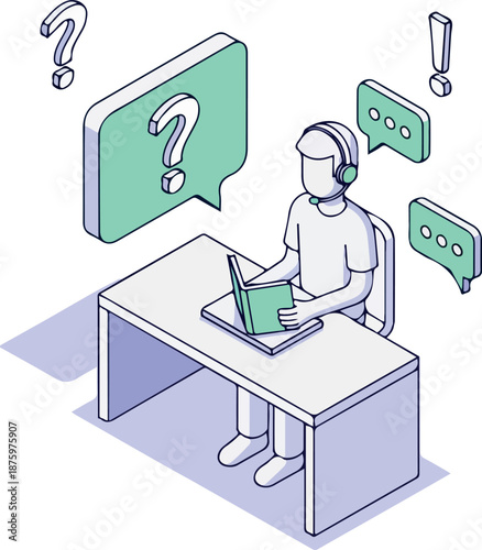Person Wearing Headphones Reading Book At Desk With Question Marks and Chat Bubbles