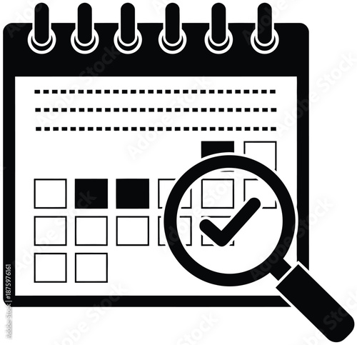 Black and white of a notepad with checkboxes and a magnifying glass highlighting a checked box