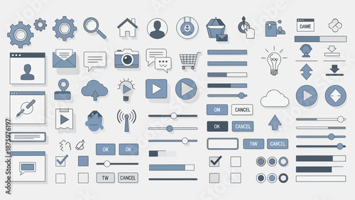 Collection of modern web and app interface icons in blue and gray tones