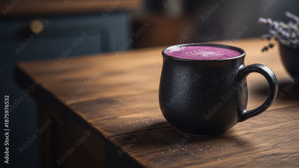 Fototapeta premium Deep amethyst blueberry and lavender smoothie in a rustic black cup on a wooden table