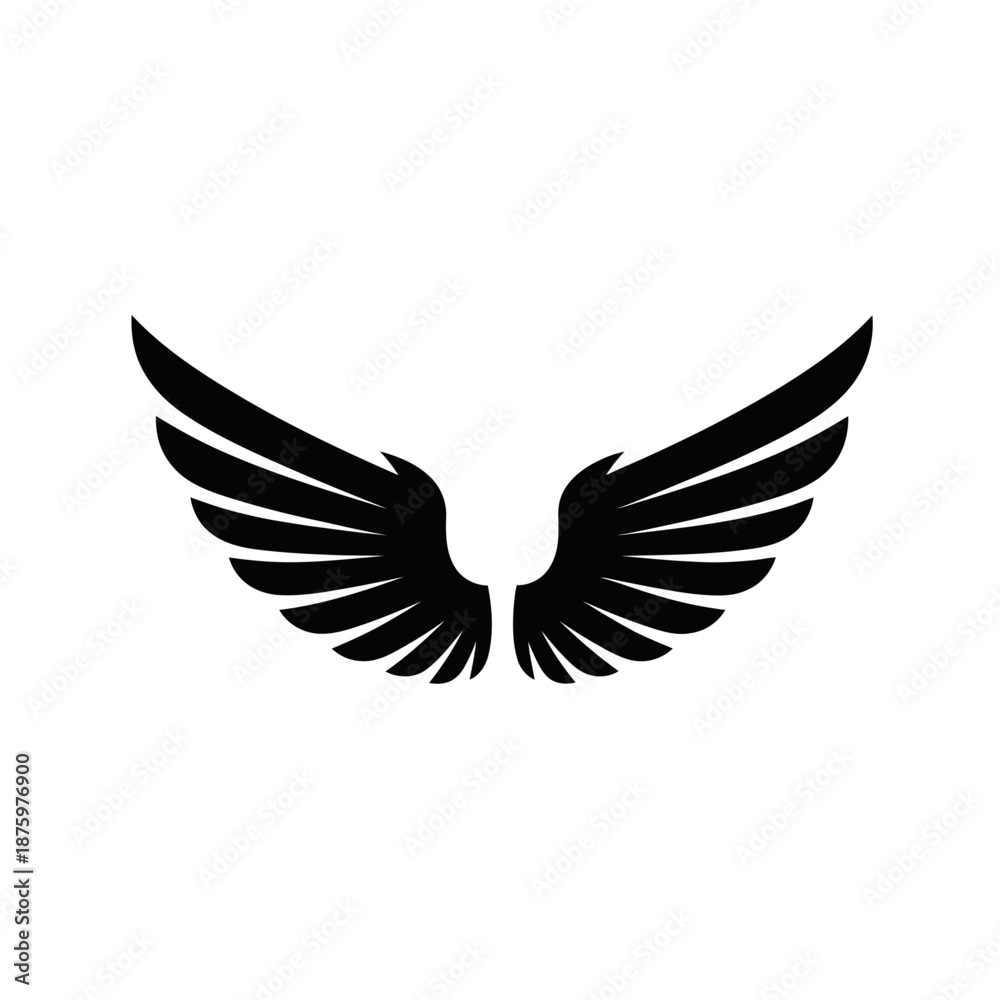 Obraz premium A pair of stylized black wings with multiple feathers spread wide, isolated on a clean white background.