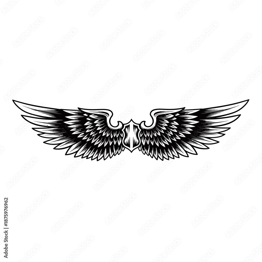 Obraz premium A detailed black and white illustration of a pair of spread eagle wings with a shield in the center.