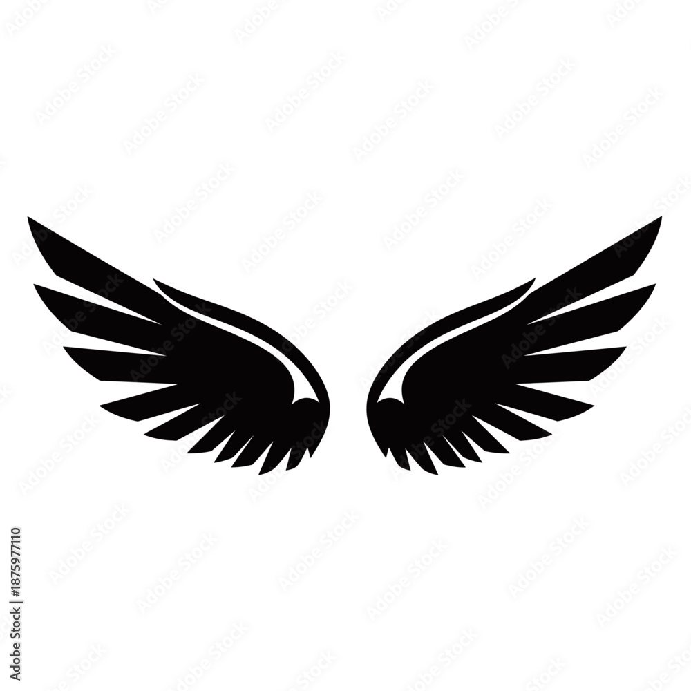 Obraz premium A pair of stylized black wings spread wide against a white background.