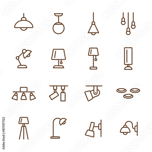 照明・ランプの線画アイコンセット｜ペンダントライト・デスクライト・スポットライト