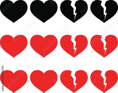 Broken and intact heart shapes in black and red colors arranged in three rows hearts