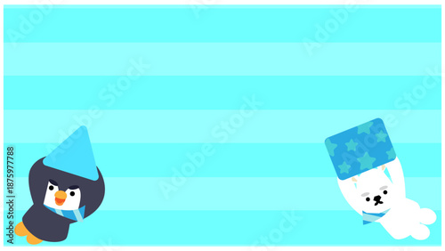 冬の背景で帽子をかぶったペンギンとシロクマのかわいいイラスト