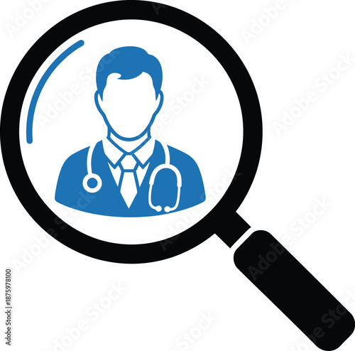 Magnifying glass examining a blue doctor with a stethoscope