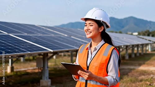Woman in safety gear at solar farm