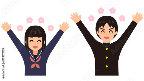 手を挙げて喜ぶ学生のイラストセット