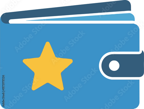 A minimalist blue wallet vector with a prominent yellow star on the front. This flat design symbol represents digital rewards, loyalty savings, or a premium membership account.