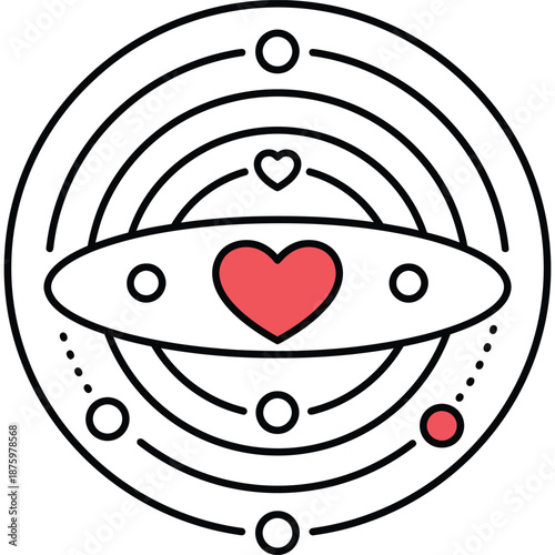 Heart in Planetary Orbit: Stylized Illustration of Love and Connection in a Cosmic Context with Orbiting Circles and Celestial Bodies
