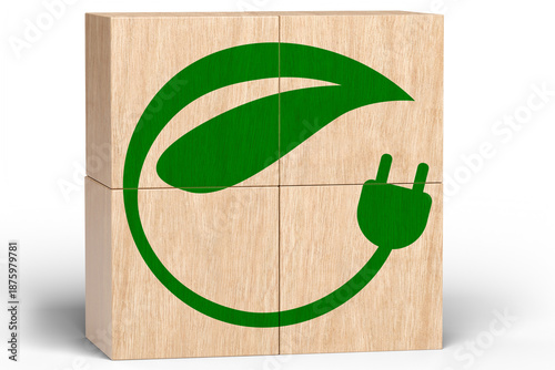 Wooden blocks with green eco energy leaf and power plug icon, sustainability concept on transparent background