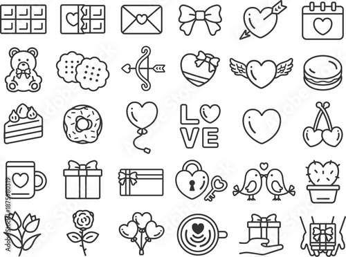 いろいろな、バレンタインアイコン（線画）のスペシャルセット