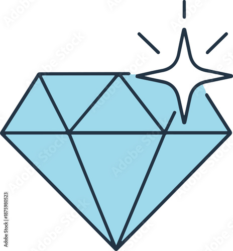 A geometric vector illustration of a light blue diamond with a prominent sparkle effect. This clean, faceted design represents luxury, premium quality, jewelry, and high-value rewards.