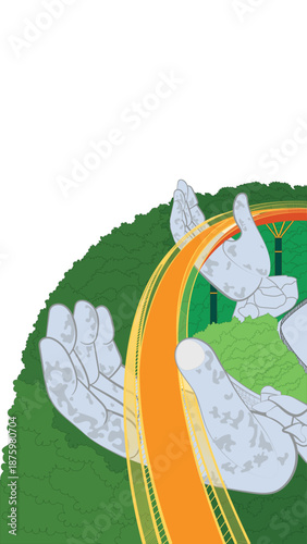 Golden Bridge in Ba Na Hills, Da Nang, Vietnam, featuring giant stone hands holding a golden walkway, flat vector illustration of a famous tourist landmark with copy space