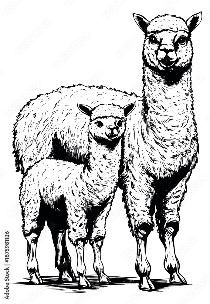 Fototapeta premium Hand drawn line art illustration of an alpaca mother and baby depicting them standing together for animal themes