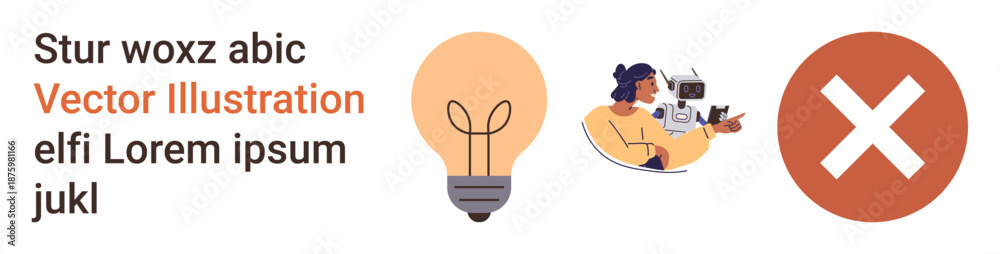 Fototapeta premium Creativity, innovation, content planning, error management, brainstorming, problem solving. Lightbulb, person with camera and red cross symbol. Creativity and innovation concept